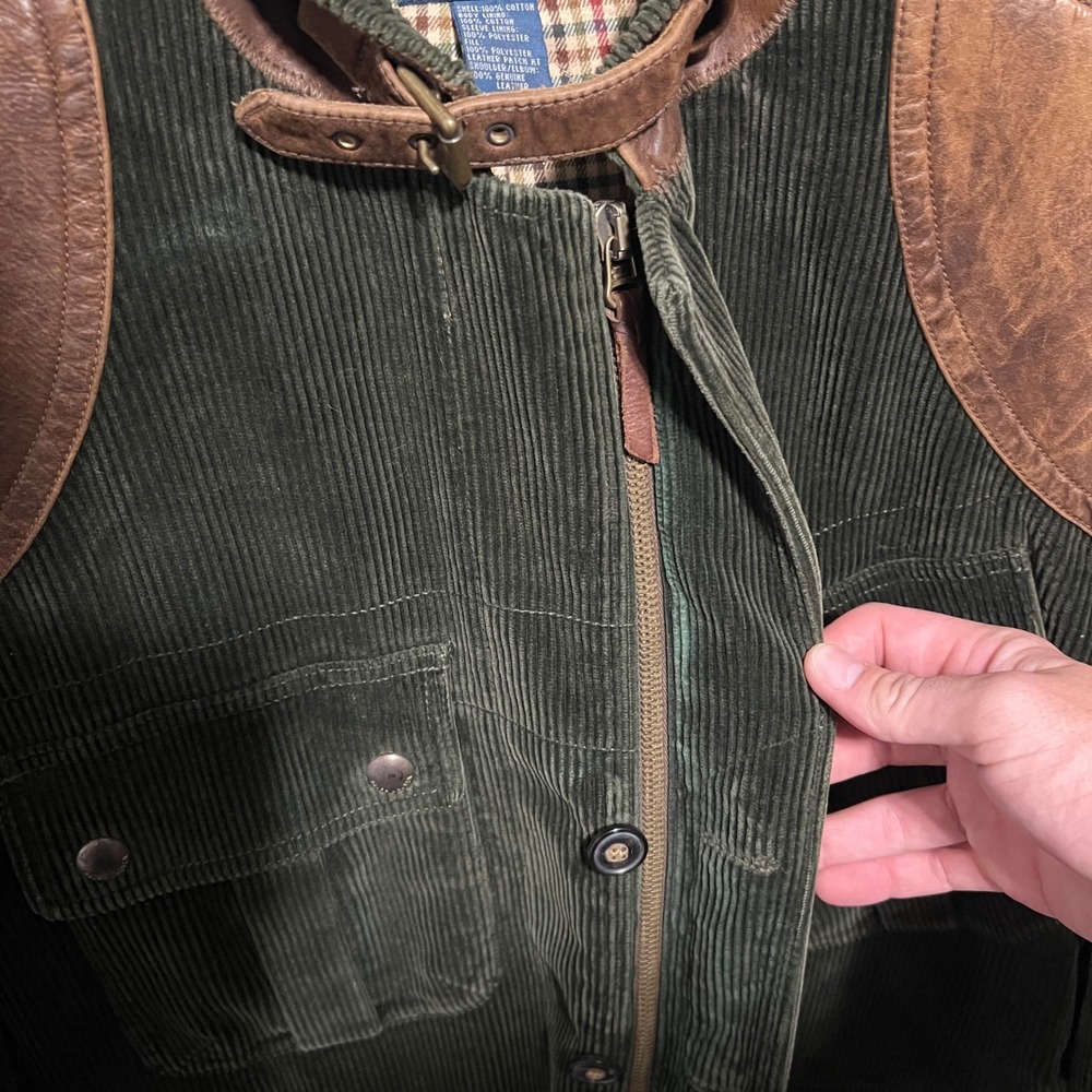 Polo Ralph Lauren Green Corduroy Hunting Jacket Leather Trim Mens XL Safari Coat - Picture 6 of 9